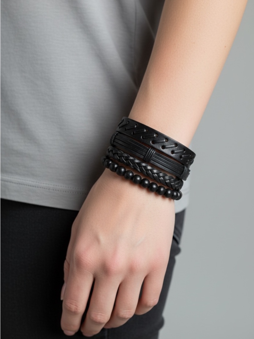 9/20 Black Multi-Strand Men's Leather & Bead Bracelet